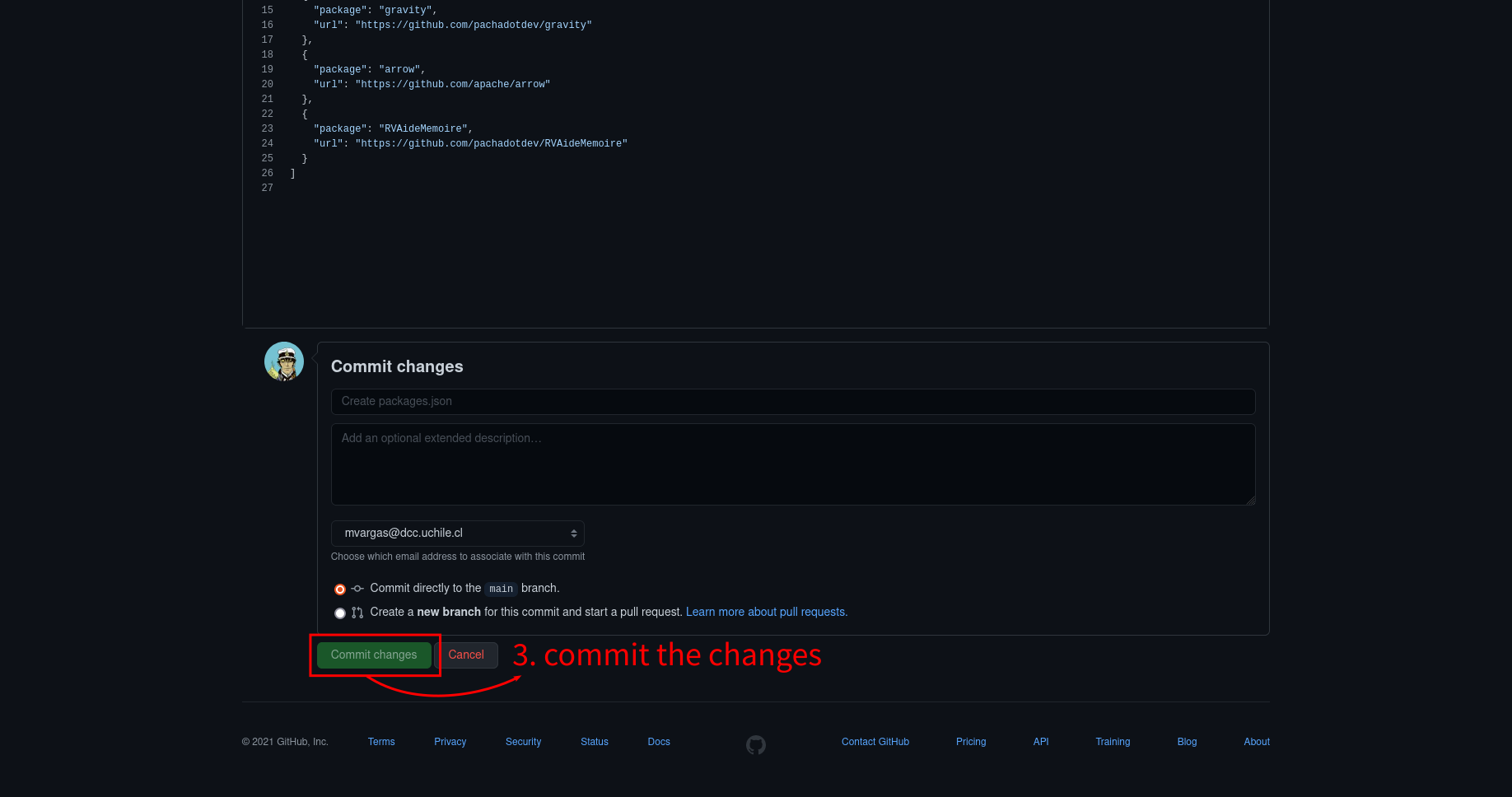 scroll down and click 'commit changes'