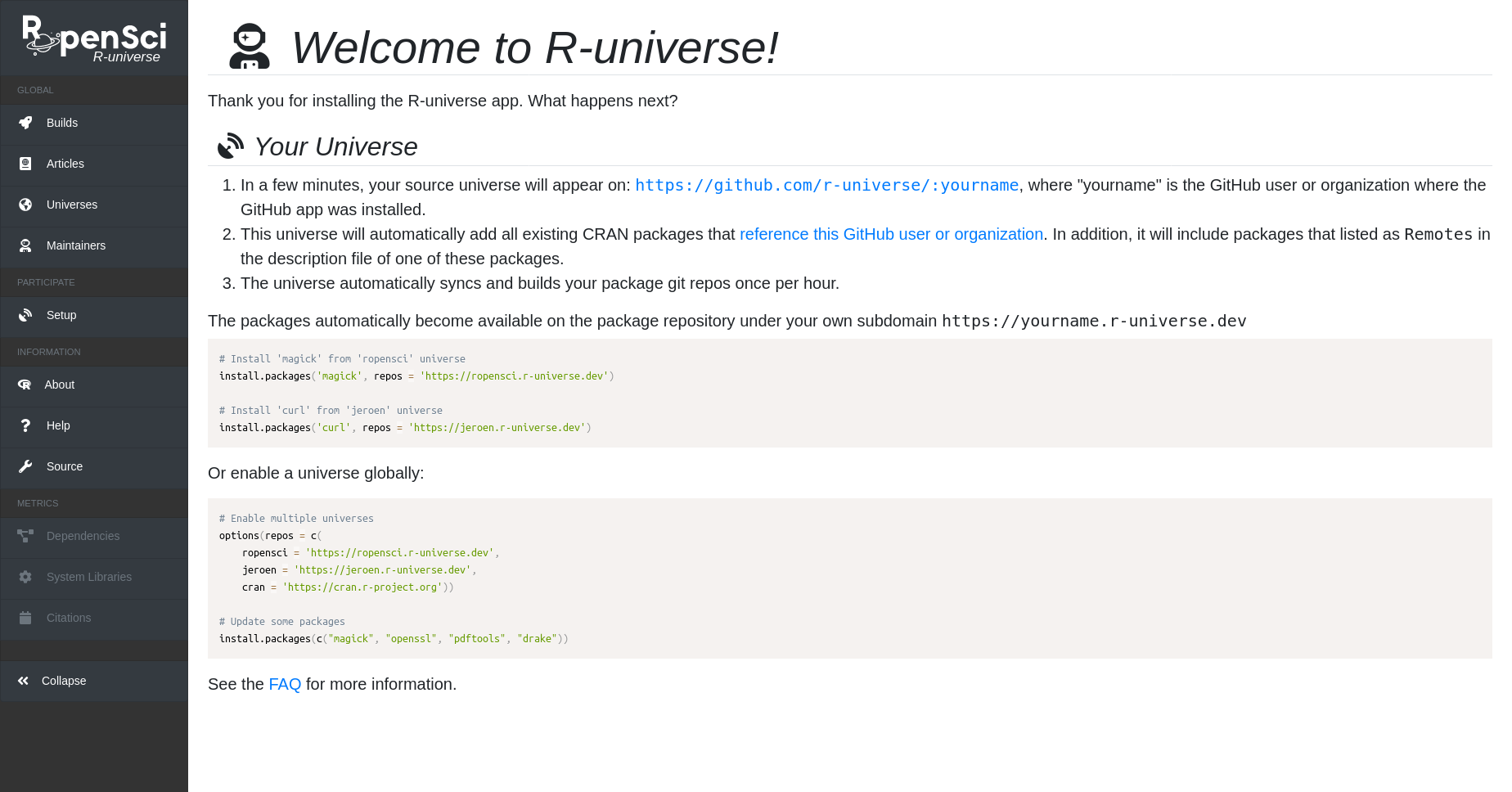 el sitio que muestra r-universe cuando confirmas el acceso desde github