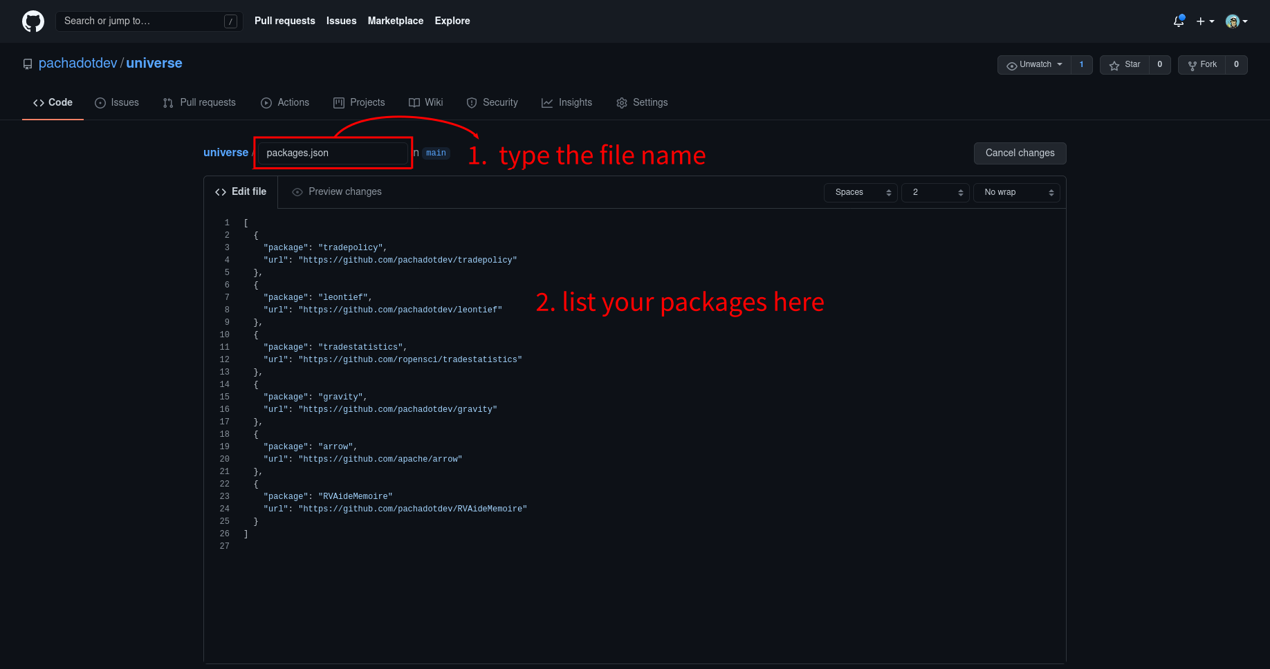 type the file name 'packages.json' in the first box, then list your 
packages in the larger text box