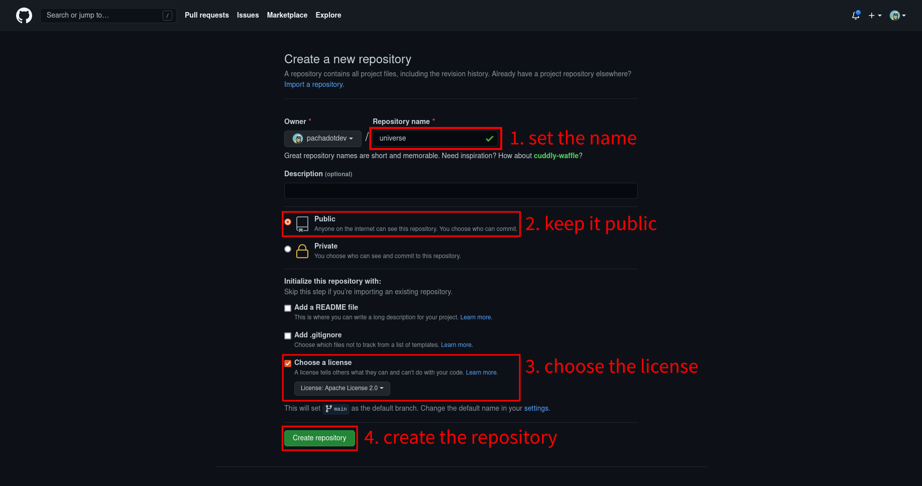 type a repository name, select the option 'public', choose the license 
(i.e. apache), then click 'create repository'